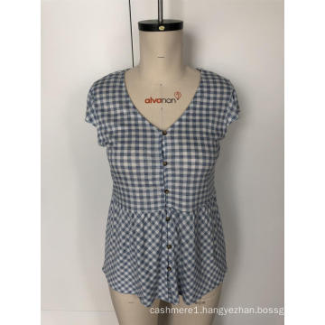 V-neck checked patchwork blouse